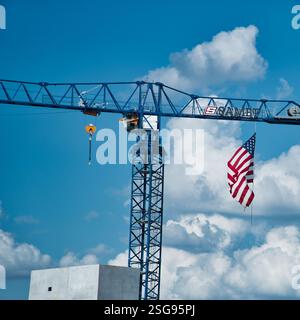 Crane Over Charlotte with American Flag Stock Photo
