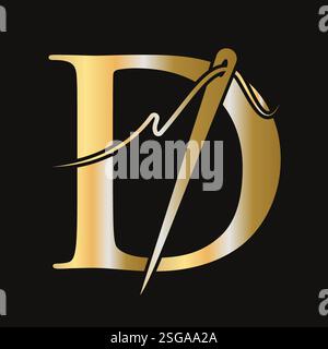 Initial Letter D Sewing Needle Logo Design for Embroider, Textile, Fashion, Cloth, Fabric Symbol Stock Vector