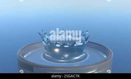 Water splash on a blue background. Close-up of a glass of water with splashing water. Stock Photo