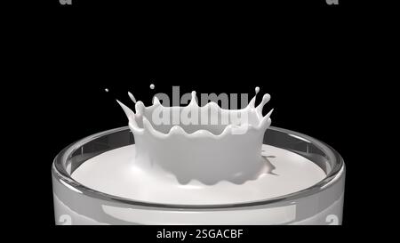 Milk splash on a black background. Close-up of a glass of milk with splashing milk. Stock Photo