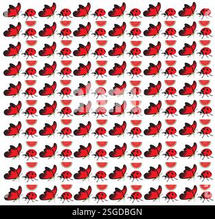butterfly, ladybug with fruit as a pattern background Stock Vector