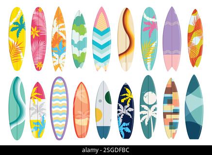 Summer surfboard elements clipart set. Colorful surfing board clip art with printed and pattern design collection for beach graphic elements vector Stock Vector