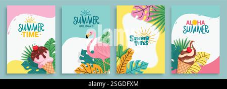 Summer time clipart poster set. Summer greeting card clip art with flamingo, ice cream and tropical leaves elements in colorful background collection Stock Vector