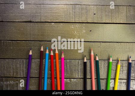 Top view of color pencils with space for text, colorful colored Stock Photo
