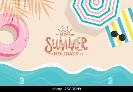 Summer beach greeting clipart design. Summer seashore top view clip art with floater, umbrella, mat and swimming elements vector illustration. Stock Vector