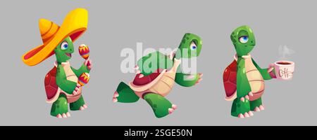 Funny turtles set isolated on background. Vector cartoon illustration of funny sea animal playing maracas in sombrero hat, running marathon, walking sleepy with coffee cup, underwater wildlife mascots Stock Vector
