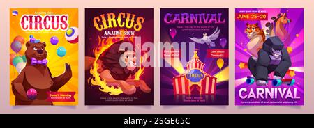 Cartoon circus posters set with performing animal characters - juggling bear, fiery lion jump, carnival tent, tiger with skateboarding gorilla and horse. Entertainment show promotional banners. Stock Vector
