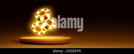 3D golden podium with floating neon casino chips on dark backdrop. Illuminated gambling tokens hovering above glowing circular platform. Realistic luxury gaming display scene for poker promotion. Stock Vector