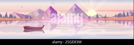 Sunrise lake landscape panorama with wooden boat floating on water surface reflecting mountain peaks, pine trees and rising sun. Cartoon peaceful dawn scenery with birds flying in pink morning sky. Stock Vector