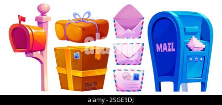 Mail and mailboxes set isolated on white background. Vector cartoon illustration of letter envelopes, paper parcels and cardboard boxes with stamps, seals and barcodes, cargo delivery, courier service Stock Vector