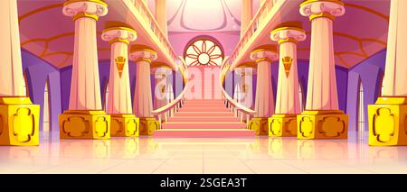 Cartoon ballroom interior with pink staircase and marble columns in palace hall. Royal castle corridor with ornate golden pedestals and wall torches. Medieval luxury chamber with stained glass window. Stock Vector