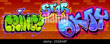 Cartoon graffiti wordart on brick wall background - neon colored letters with stains and drips. Urban street art with bubble text style. Vibrant spray paint typography in hip-hop culture aesthetic. Stock Vector