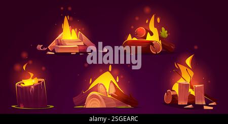 Burning wood logs and campfire set with glowing flames. Cut timber pieces, round stumps, wooden planks with bright yellow fire light for camping. Bonfire collection with sparks, embers effects. Stock Vector