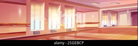 Empty ballet studio interior with wooden floor, mirrors, handrail and sunny windows. Dance classroom in sun light for training sessions. Elegant hall with training elements for ballerina rehearsal. Stock Vector