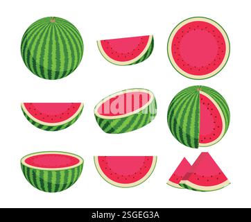 Watermelon fruit clipart set. Water melon whole and slice clip art elements collection in green and red color vector illustration. Stock Vector