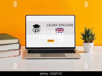 Laptop displaying an English learning website. English language learning and online education concept. Stock Photo