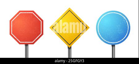 Three vector vintage rough road signs. Stock Vector