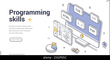 Programming skills modern isometric line art web banner template. Digital workspace with a computer, showcasing various web development tools and codi Stock Vector