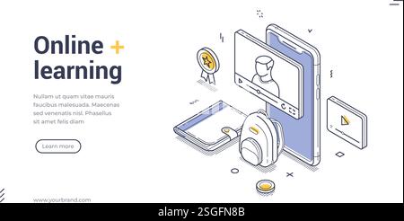 Online learning web banner template. Digital learning tools, featuring a smartphone with a video lecture, a backpack, and interactive icons for online Stock Vector
