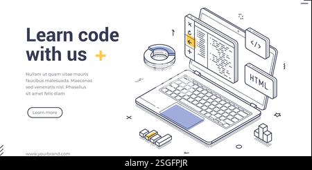 Laptop showcases web code representing a modern digital workspace focused on coding and development. Isometric line art web banner, landing page templ Stock Vector