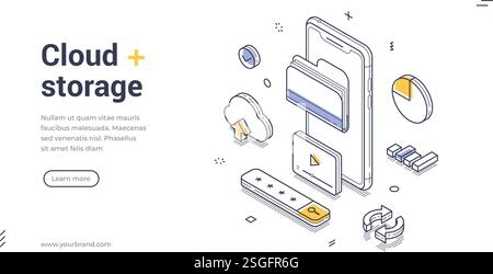 Mobile device surrounded by cloud storage icons, charts, and graphics, representing digital data management and accessibility. Modern line art isometr Stock Vector