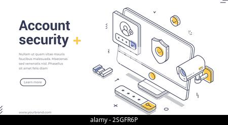 Account security web banner showcasing user login elements, a camera for monitoring, and security icons. It conveys a focus on cybersecurity Stock Vector