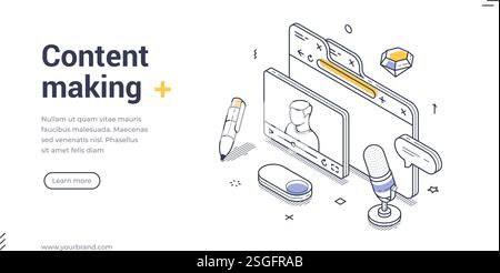 Modern content maker web banner. Creative digital workspace showcasing elements such as a microphone, video call interface, and pen, highlighting onli Stock Vector