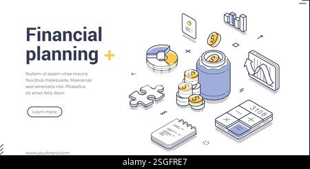 Various financial management tools, including a money jar, coins, a calculator, and charts. Line art isometric financial planning web banner, landing Stock Vector