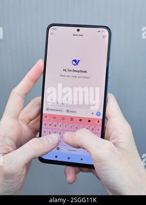 Travnik, Bosnia and Herzegovina, 02.08.2025: Close up of Asian female hands using DeepSeek app chat on phone to solve a reasoning problem on an Stock Photo