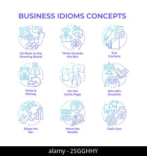 Business idioms blue gradient concept icons Stock Vector