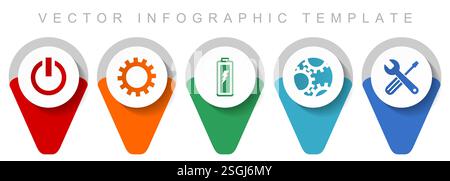 Industry pointer collection, miscellaneous icons such as power, cogwheel, battery and tools, flat design vector infographic template in eps 10 Stock Vector