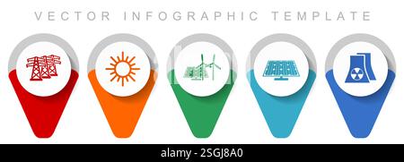 Renewable energy pointer collection, miscellaneous icons such as power line, sun, solar panel and nuclear power plant, flat design vector infographic Stock Vector