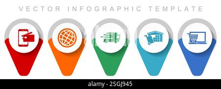 Commerce pointer collection, miscellaneous icons such as credit card, globe, truck, storage and online shop, flat design vector infographic template i Stock Vector