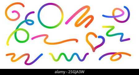 Abstract Color Rainbow Gradient Shapes Set. Vector Graphic with Wavy Lines in Bright Colors. Colorful Fluid Wave Pattern. Squiggly Design Elements. Stock Vector