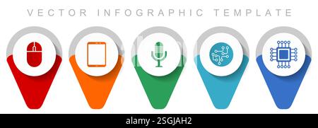 Technology pointer collection, miscellaneous icons such as computer mouse, tablet, microphone, chip and cpu, flat design vector infographic template i Stock Vector