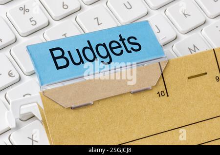 A brown file folder labeled with Budgets Stock Photo