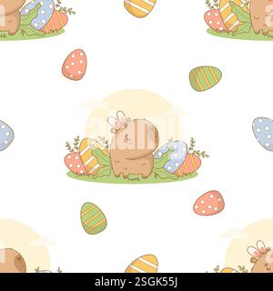 Easter Seamless pattern with cute Capybara Bunny in grass with paschal Eggs on white background. Holiday cartoon kawaii character. Vector illustration Stock Vector