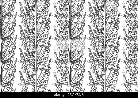 Line art botanical abstract seamless plant pattern with wildflowers vector illustration. Black and white outline repeating floral background. Graphic Stock Vector