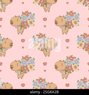 Seamless Pattern with Cute Capybara Holding Bouquet of Flowers on Pink Background with Hearts. Vector illustration. Kids collection Stock Vector