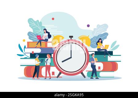 Tiny business people with alarm clock and stack of books. vector illustration business concept Stock Vector
