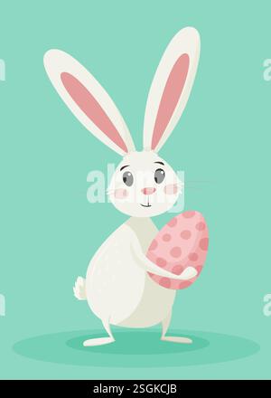 cute vector illustration of an Easter bunny with an egg in his hands in flat style Stock Vector
