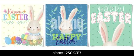 set of three cute cards with Easter bunny and eggs in pastel colors Stock Vector