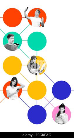 Diverse people using smartphones and tablets linked by digital nodes, illustrating different emotions and experiences in online communication Stock Photo