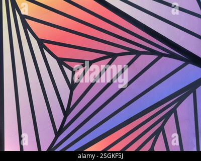 Colorful RGB color spectrum with black lines forming a geometrical triangle pattern. Blue, red, purple, and yellow color gradient. Zentangle concept. Stock Photo