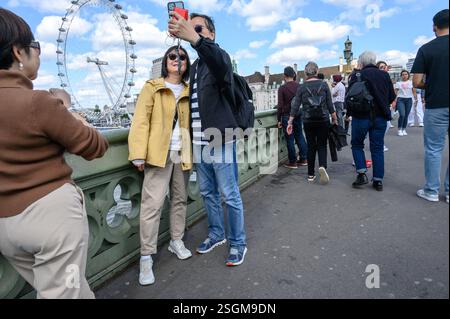 London, UK. Tourist couple taking a selfie on Westminster Bridge, the London Eye in the background Stock Photo