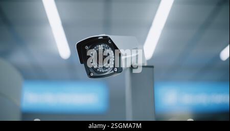 Advanced Airport Security System: Close Up of Installed CCTV Camera. Professional Video Surveillance System in Modern Airport Terminal. Monitoring, Tracking and Scanning Technology for Travel Safety. Stock Photo