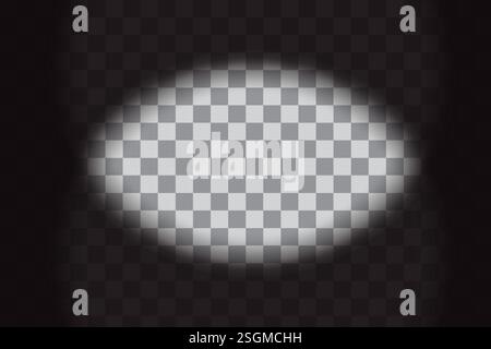 Transparent spotlight background. Checkered vignette overlay. Black gradient edges. Vector glare effect. Stock Vector