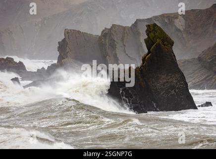 Crashing waves over Bear Rock Storm Eowyn at Hartland Quay Stock Photo