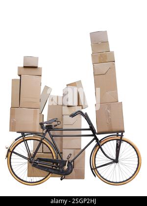 Vintage black cargo transport bicycle loaded with cardboard parcels and boxes isolated on a white background Stock Photo