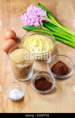 Ingredients necessary to make gingerbread pastry. Preparing easter gingerbread cookies. Steps of making pastry. Stock Photo